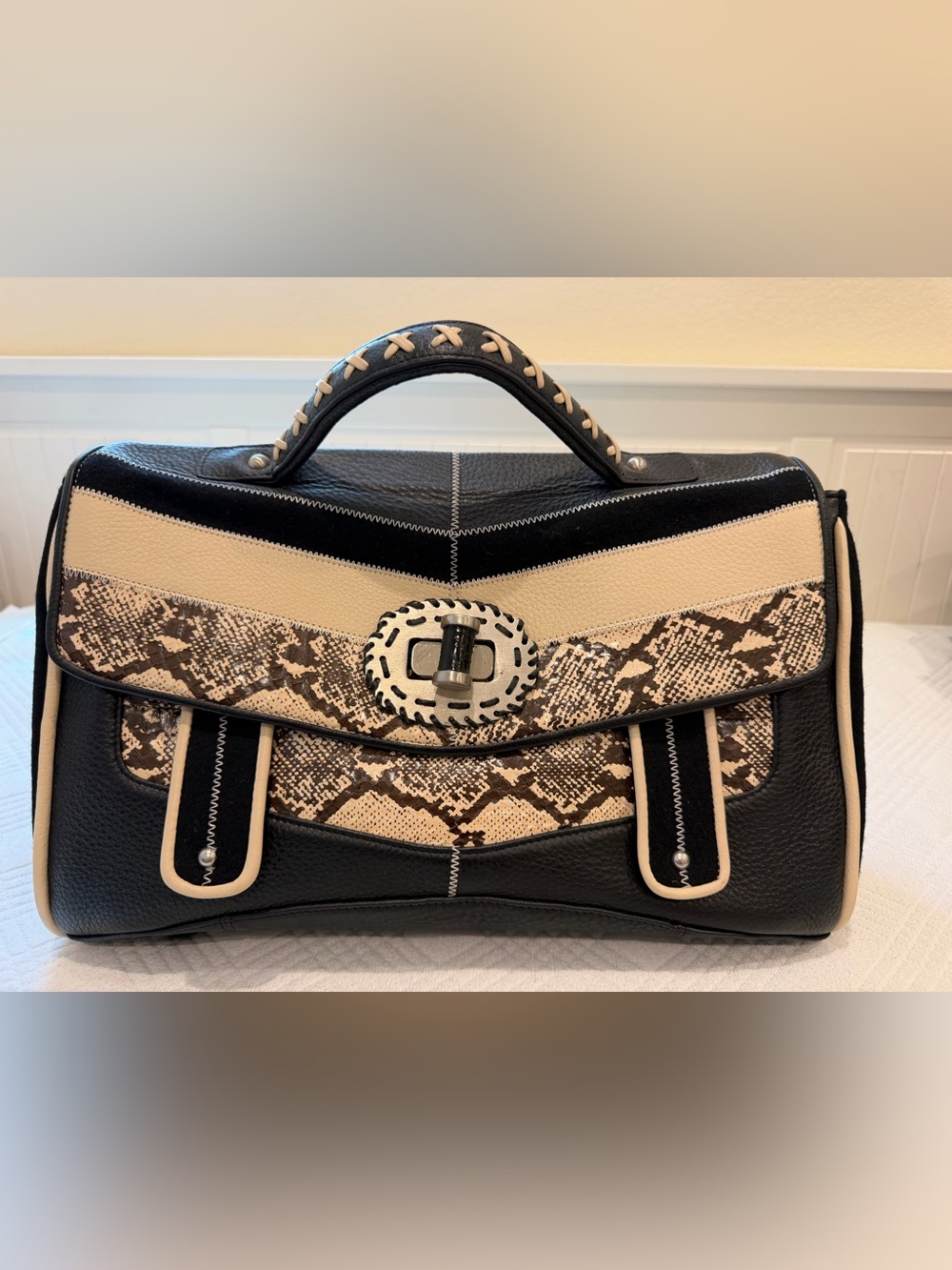 Isabella Fiore Black and Cream Python-Print Top-Handle Satchel